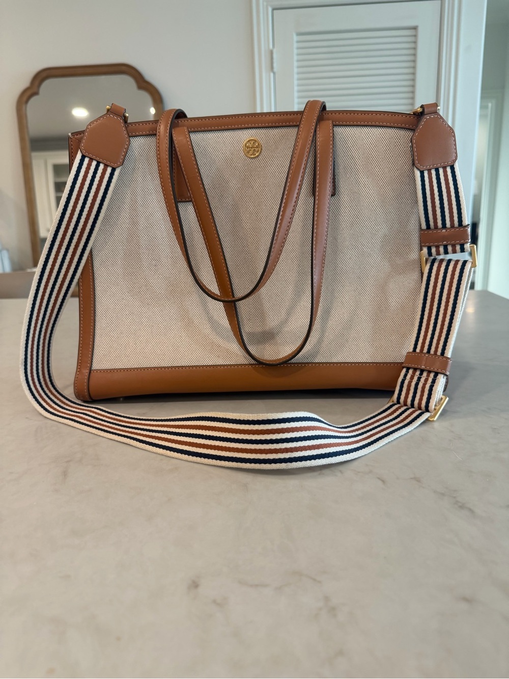 Tory Burch Neutral Canvas Tote with Tan Leather Trim and Striped Strap